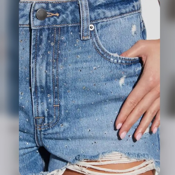 Vici Ashton Rhinestone Icon Festival denim shorts with sparkles. - Picture 4 of 17